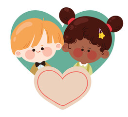  Cute couple, a girl and boy in the heart background. Heart shaped Valentine's Day card with kids characters. Vector illustration for greeting cards, banners, stickers, and invitations.