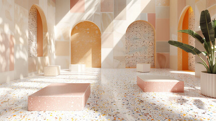 3d render of terrazzo and geometric patterned floor tiles in a minimalist boutique - obrazy, fototapety, plakaty
