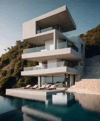 Fotobehang Modern house on the mountainside with a large swimming pool. Modern architecture of a modern villa with a swimming pool with a picturesque landscape © 360VP