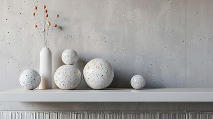 3d render of terrazzo spheres with geometric patterns on a sleek shelf