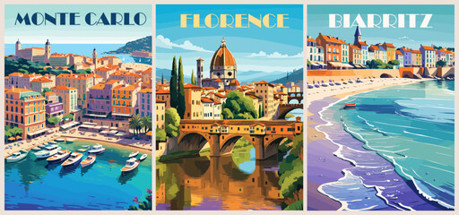 Set of Travel Destination Posters in retro style. Florence, Italy, Monte Carlo, Biarritz, France digital prints. European summer vacation, holidays concept. Vintage vector colorful illustrations