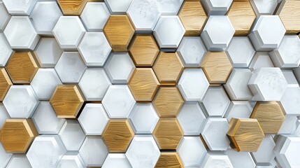 3D geometric pattern featuring hexagons in luxurious shades of white and gold