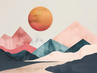 Illustration of a simple bohemian landscape with geometric mountains and sun