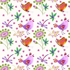 Spring seamless pattern with cartoon birds, flowers and butterflies