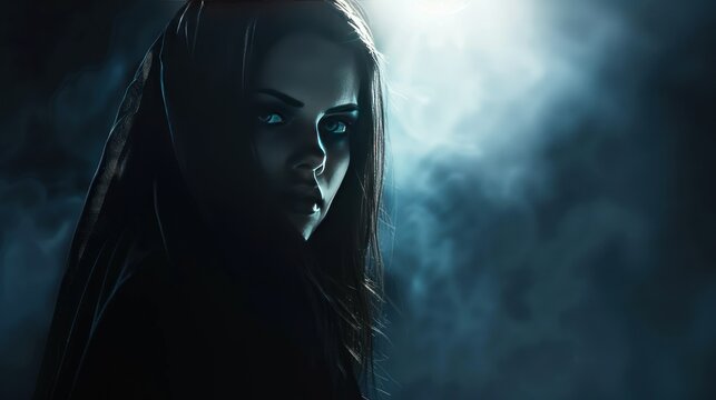 Beautiful mysterious vampire woman's face model in dark style AI generated image