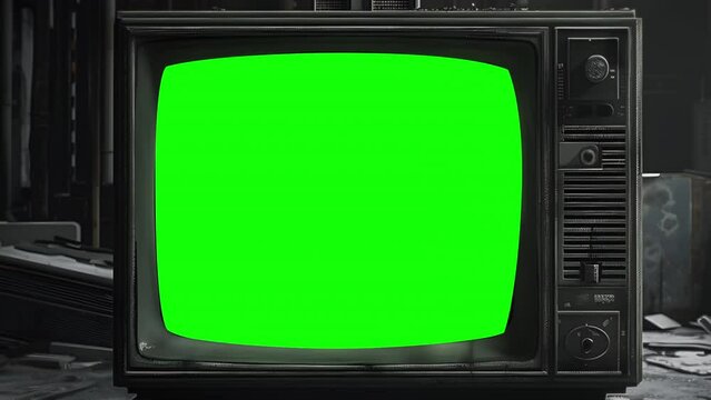Retro Vintage Television Set zooming into Green Screen with Static Noise,, 4K Resolution
