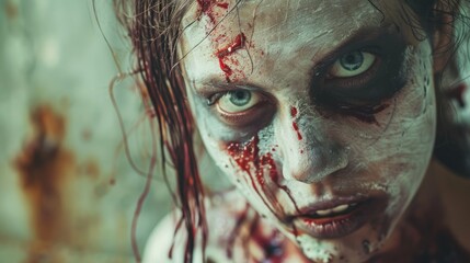 The concept of a scary zombie style female model during Halloween celebrations AI generated image - obrazy, fototapety, plakaty