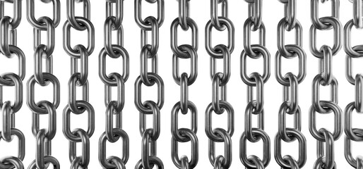 Solid metal chain background. A metal chain covers the frame. Preparing a metal chain according to your design. Chain grid. Metal chain on a transparent white background. 3D rendering.