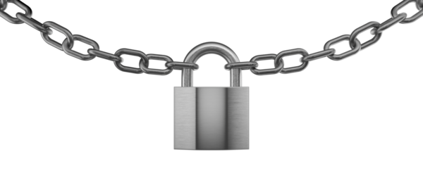 A metal chain hangs down and is secured with a padlock. Overlap, closure, denial. Gray metal chain and gray metal padlock. Lock concept. Encryption. 3D rendering.