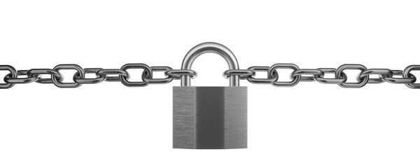 Metal chains closed with a padlock. Overlap, closure, denial. Gray metal chain and gray metal...