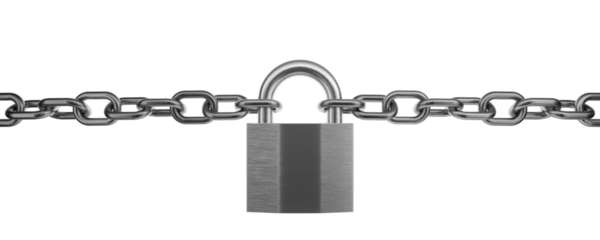 Metal chains closed with a padlock. Overlap, closure, denial. Gray metal chain and gray metal padlock. Lock concept. Encryption. 3D rendering.