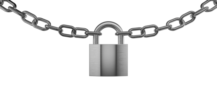A metal chain hangs down and is secured with a padlock. Overlap, closure, denial. Gray metal chain and gray metal padlock. Lock concept. Encryption. 3D rendering.