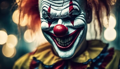 Sinister clown face with menacing smile - obrazy, fototapety, plakaty