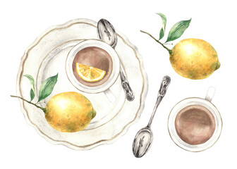 Watercolor composition, top view, of a plate, a mug with tea, a lemon and a spoon. The illustration is hand drawn on an isolated background. Drawing for menu design, packaging, poster, website,textile