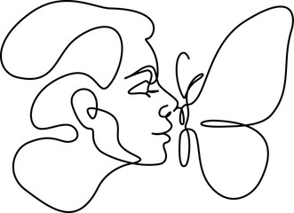 Abstract woman face with butterfly. Hand drawn outline - 741829964