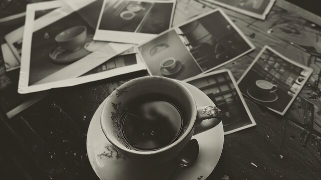 a warm cup of coffee and scattered retro black-and-white photos, viewed from above