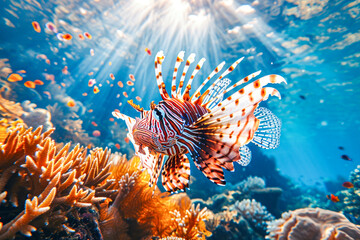 Naklejka na ściany i meble Vibrant Lionfish Swimming in Coral Reef.