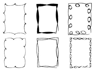 
A set of black hand-drawn doodle frames. Square frames drawn with a brush. Doodle-shaped frames. A simple square border for the text border, hand-drawn. Vector illustration.