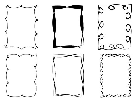 
A set of black hand-drawn doodle frames. Square frames drawn with a brush. Doodle-shaped frames. A simple square border for the text border, hand-drawn. Vector illustration.