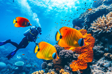 Naklejka na ściany i meble Scuba Divers Exploring Tropical Coral Reef.