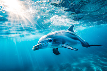 Smiling Dolphin Swimming in Sunlit Blue Water.