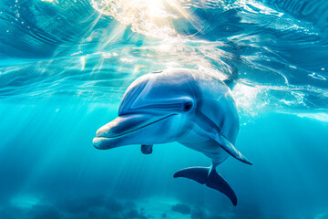 Smiling Dolphin Swimming in Sunlit Blue Water.