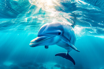 Fototapeta premium Smiling Dolphin Swimming in Sunlit Blue Water.