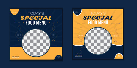 Set of social media post template. Blue social media design for ramadan kareem design.

Fast food social media post design template for restaurant, Super Delicious biryani,
 Square banner with purple 