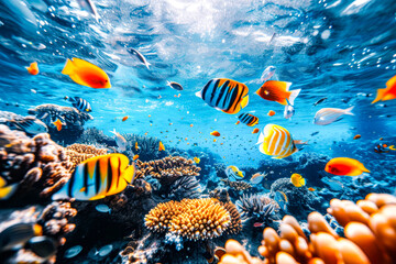Fototapeta na wymiar Tropical Fish Swimming Over Coral Reef.