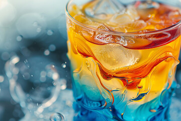 Photography of a close up on a vivid multi colored cocktail in a clear glass