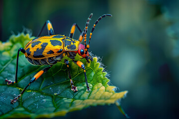 Photography of a close up on a vividly colored insect on a bright green leaf - Powered by Adobe