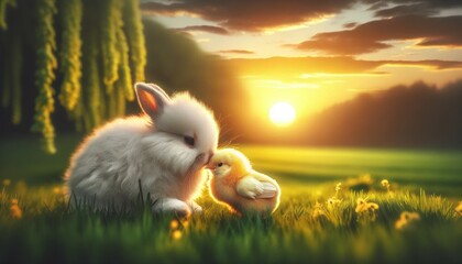 Bunny and Chick, Best Friends Playfully Bonding