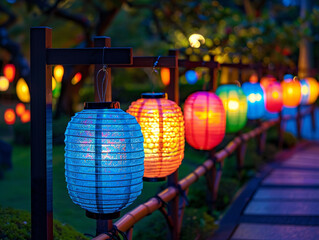 Fototapeta premium Photography of a series of colorful glowing lanterns in a nighttime setting