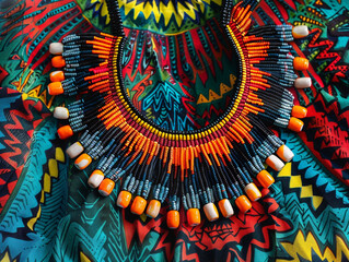 Photography of a woven bead necklace featuring a vibrant African pattern
