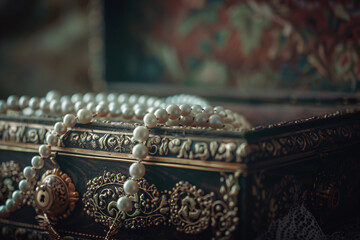 Photography of an antique jewel box overflowing with pearls and lace