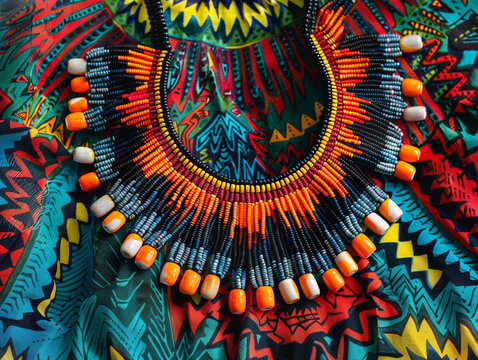 Photography of a woven bead necklace featuring a vibrant African pattern © pprothien