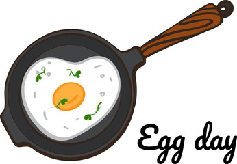 Egg day card with frying pan and heart shape fried egg.  egg love symbol, doodle cartoon style for greeting card, poster, sticker, t-shirt print, menu, cookbook design