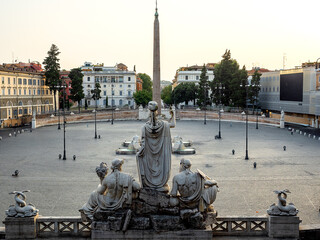 Piazza del Popolo in the days of the Empire was the entrance to Rome. In the center of the square is the Egyptian obelisk. In the foreground is the goddess Rome between the rivers Tiber and Aniene