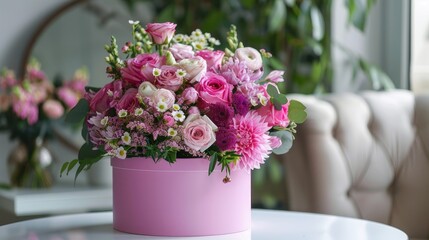 Chic Floral Gift: Pink Round Box with Beautiful Bouquet on a White Table. Stylish and Elegant Decoration for Celebrations like Weddings, Birthdays, and More