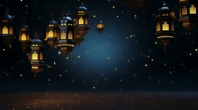 Ramadan Kareem's background with golden lanterns and stars. 3d rendering