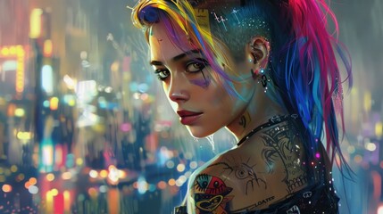 Punk style woman's face model with colorful hair with tattoo wallpaper AI generated image - obrazy, fototapety, plakaty