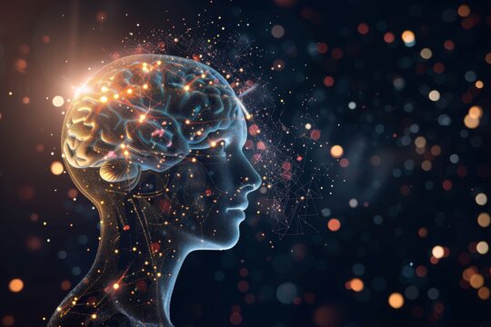 AI Brain Chip plasticity. Artificial Intelligence geometric algorithm mind neurotransmitter transport axon. Semiconductor head direction cell circuit board brain network dysfunction