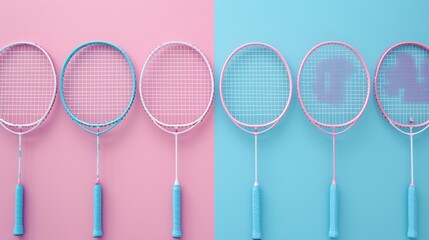 Symmetrical arrangement of pink and blue badminton rackets on a split background - obrazy, fototapety, plakaty