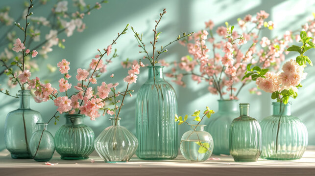 A serene display of pink blossoms in various reeded textured glass vases