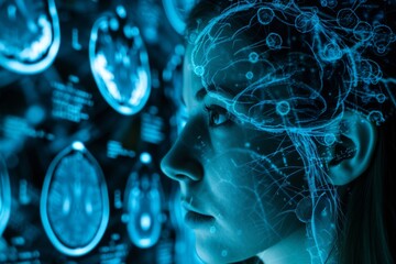 AI Brain Chip sentiment analysis. Artificial Intelligence synaptic vesicles mind flexible electronics axon. Semiconductor cognitive prosthetics circuit board loftus and palmer study - obrazy, fototapety, plakaty
