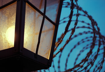 Close up of a lamp next to barbed wire