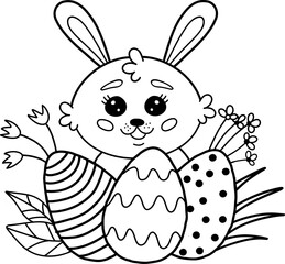 Coloring book featuring a cute Easter bunny from a cartoon with eggs and flowers. Coloring book for children. Vector illustration.