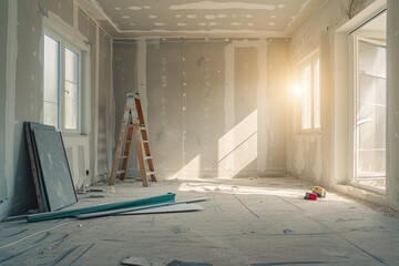 Home renovation interior construction with drywall installation - obrazy, fototapety, plakaty