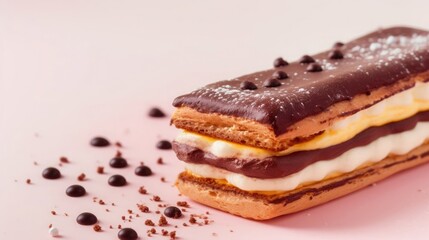 Delicious chocolate eclair with creamy filling and chocolate chips on a pink background, sprinkled with cocoa powder