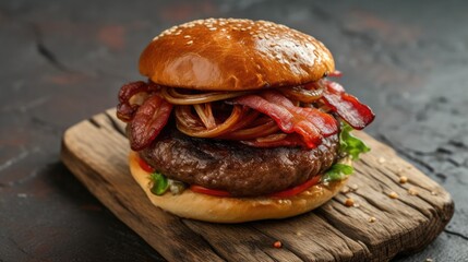 A succulent burger with crispy bacon, grilled onions, fresh lettuce and tomato slices on a wooden board.